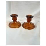 Tiara Indiana Amber Glass Candlestick Holders