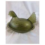 Indiana Glass Hen on Nest Green Glass