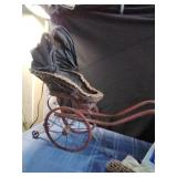 Vtg Wicker Wood Canvas Pram Doll Carriage