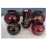 Red art glass vase & bowls