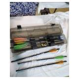 Assorted crossbow arrows in case