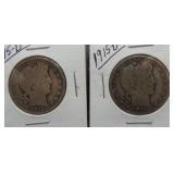 (2) 1915-D Barber Silver Half Dollars.