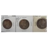 (3) Barber Silver Half Dollars. Dates: 1908-D,