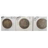(3) Barber Silver Half Dollars. Dates: 1906-O,