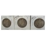 (3) Barber Silver Half Dollars. Dates: 1907,