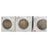 (3) Barber Silver Half Dollars. Dates: 2-1908,
