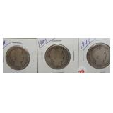 (3) Barber Silver Half Dollars. Dates: 1911,