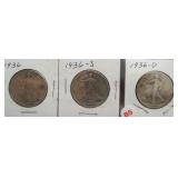 (3) Walking Liberty Silver Half Dollars. Dates: