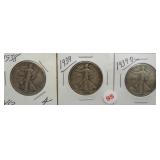 (3) Walking Liberty Silver Half Dollars. Dates: