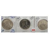 (3) Franklin Silver Half Dollars. Dates: 1955