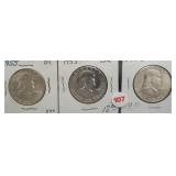 (3) 1955 Franklin Silver Half Dollars.