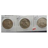 (3) Franklin Silver Half Dollars. Dates: 1956,