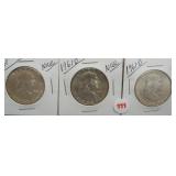 (3) Franklin Silver Half Dollars. Dates: 1961,
