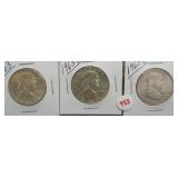 (3) Franklin Silver Half Dollars. Dates: 1963,
