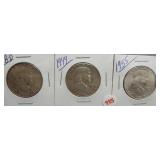 (3) Franklin Silver Half Dollars. Dates: 1948-D,