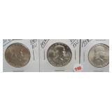 (3) Franklin Silver Half Dollars. Dates: 1951-D,