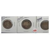 (3) Barber Silver Quarters. Dates: 2-1908-O,