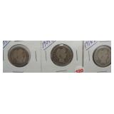 (3) Barber Silver Quarters. Dates: 1908-O,