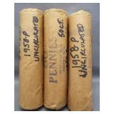 (3) Rolls of 1958 UNC Wheat Cents in Bank Sealed