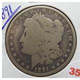 1891 Morgan silver dollar.