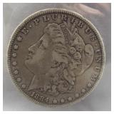 1884 Morgan silver dollar.