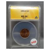 1951-D Lincoln cent. ANACS MS66 RED.