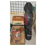 Wicker fishing creel, canteen, 3-D blind fabric, Wicker fishing creel, canteen, 3-D blind fabric,