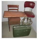 Vintage school desk, bar stool and suitcase.