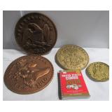 (4) Decorative wall coin plaques and coin book. (4) Decorative wall coin plaques and coin book.