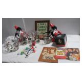 Various gambling glassware, banks, bag of dice,