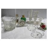 Various glass candle stick holders, ice bowl,