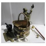 Brass pitcher, candle stick holders, candle stick