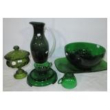 Green glass including pitcher, punch bowl set, Green glass including pitcher, punch bowl set,