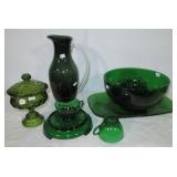 Green glass including pitcher, punch bowl set,