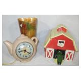 Barn cookie jar, Sessions teapot clock and vase.