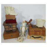 Various wood storage boxes, ceramic planters,