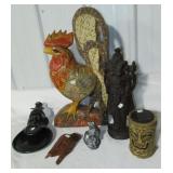 Various decorative items including wood rooster,