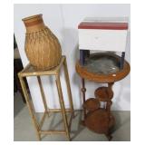 (2) Plant stands, pottery vase, & foot stool. (2) Plant stands, pottery vase, & foot stool.