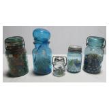 (5) Glass jars partially filled with a variety of