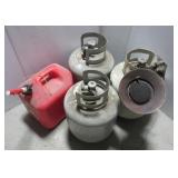 (3) Grill propane tanks & 5 gallon gas can. (3) Grill propane tanks & 5 gallon gas can.