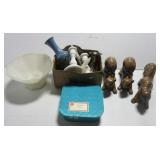 Milk glass items, crochet hooks, three darnel Milk glass items, crochet hooks, three darnel