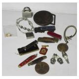 (5) Pocket knives, lighter, various coins, small (5) Pocket knives, lighter, various coins, small