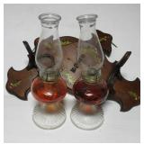 (2) Wood home décor shelves, & various oil lamps. (2) Wood home décor shelves, & various oil lamps.