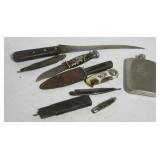 Flask, antique straight razors, (5) Knives