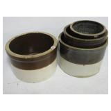 (5) Two tone salt glazed crocks of various sizes. (5) Two tone salt glazed crocks of various sizes.