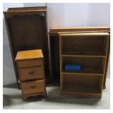 (3) Wood shelving units & night stand. Largest (3) Wood shelving units & night stand. Largest