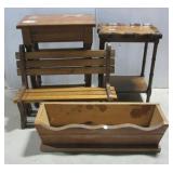 (2) Small wood stands, doll bench, & wood (2) Small wood stands, doll bench, & wood