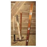 Axe, pick axe, sledge hammer & 4ft wood level. Axe, pick axe, sledge hammer & 4ft wood level.