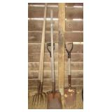 (3) Square shovels & (2) Pitch forks. (3) Square shovels & (2) Pitch forks.