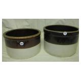 (2) Salt glazed two tone crocks and a small (2) Salt glazed two tone crocks and a small